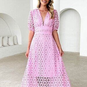 Eyelet Lace V-Neck Midi Dress with Puff Sleeves | New Formal Dress w/ Zip Back